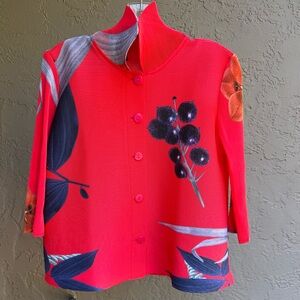 Red and Black Floral Plisse Pleats Blazer with Asymmetrical Design